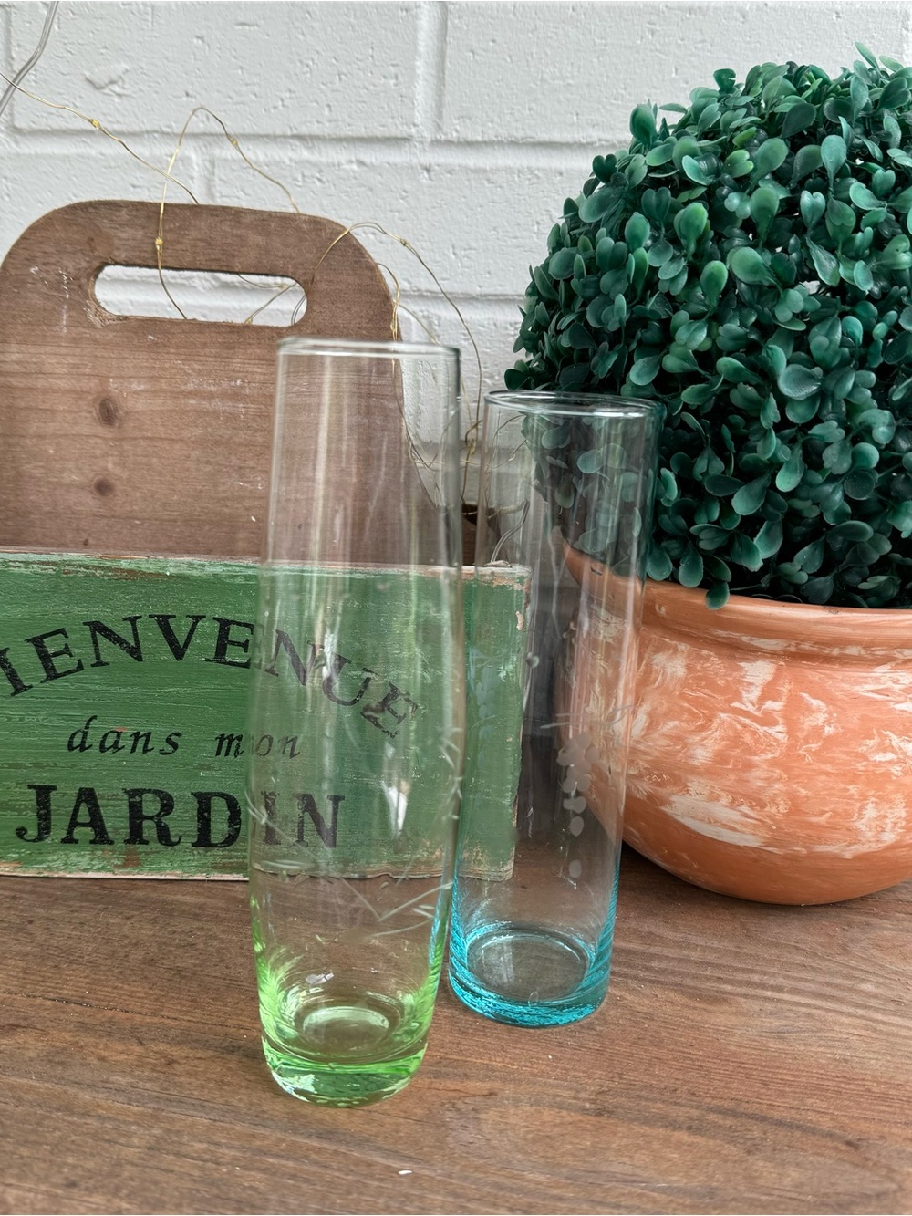 Pair of Colorful Vintage Etched Glass Bud Vases